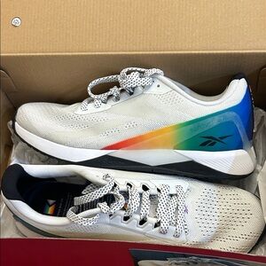 Reebok Men's White Sneakers with Blue and Orange Accents